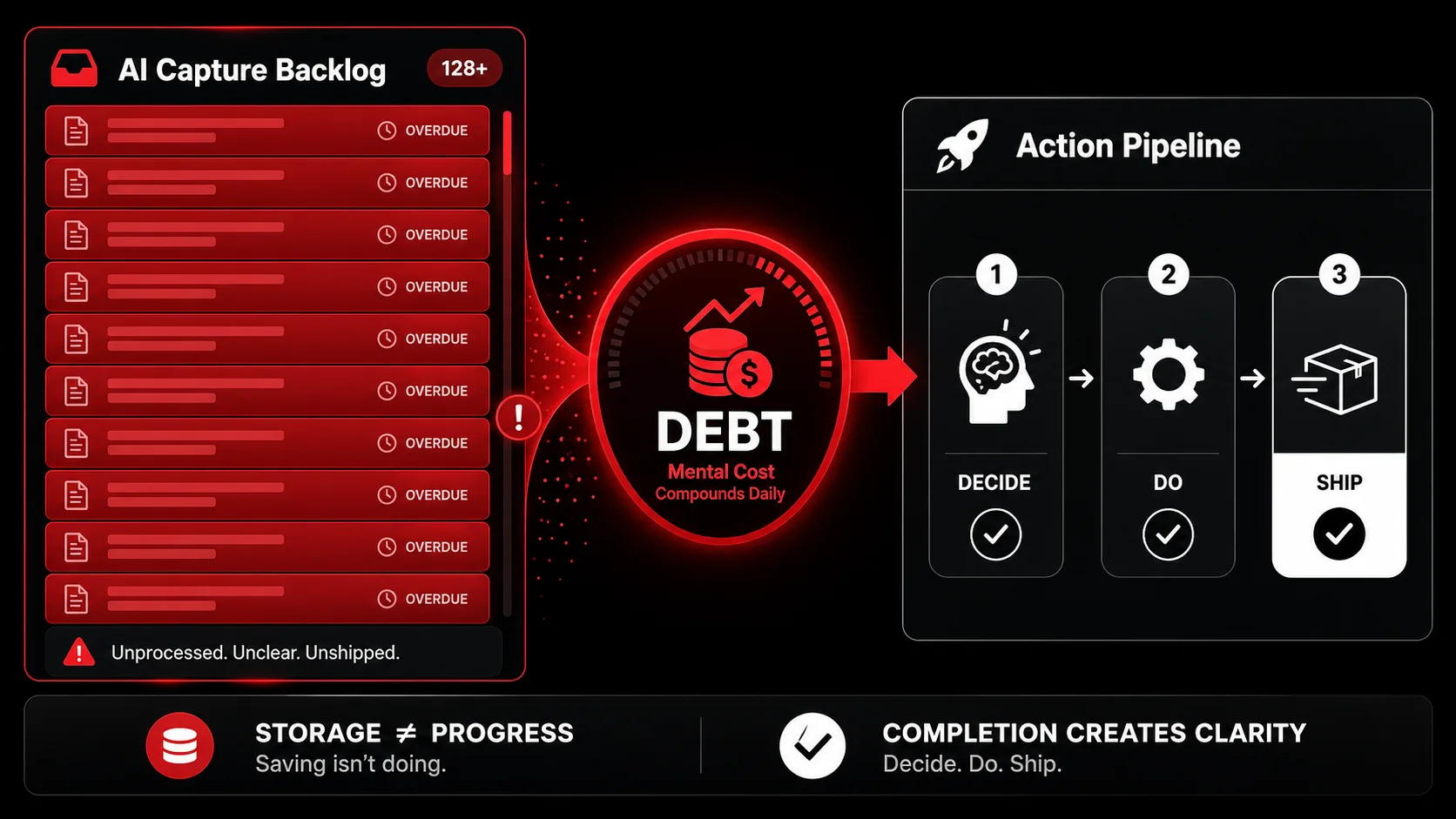 Screenshot of a project management dashboard like Trello or Asana, showing a column titled "AI Capture Backlog" filled with dozens of red, overdue cards