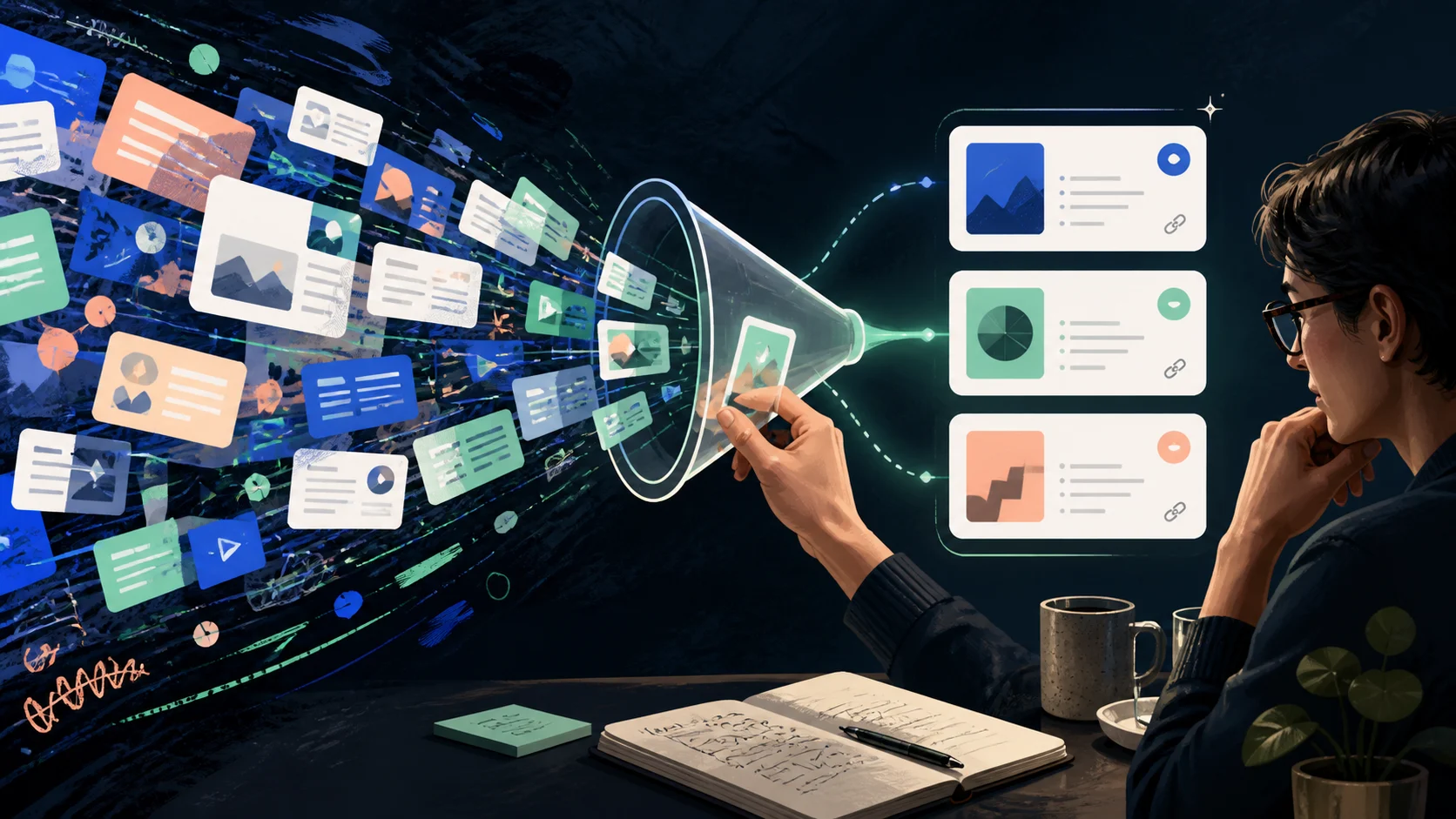 A noisy stream of saved content narrowed into three clean source-linked tasks