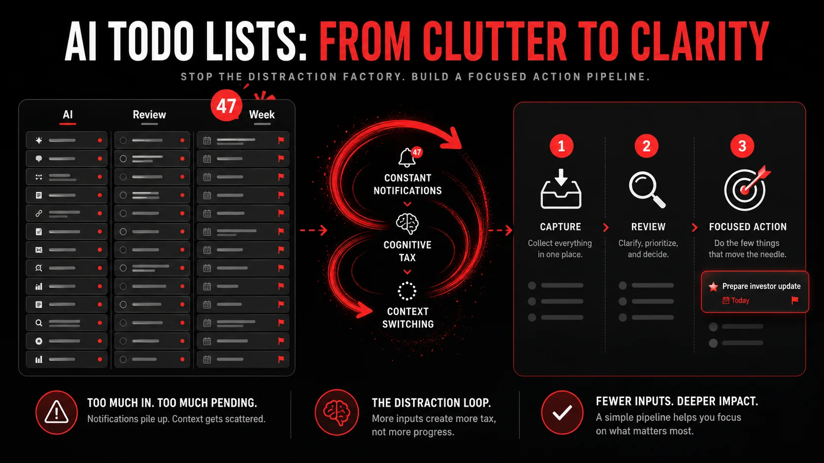 Screenshot of a popular AI todo app dashboard showing a cluttered interface with multiple project columns, dozens of AI-generated tasks, and a notification badge showing '47 new actions'
