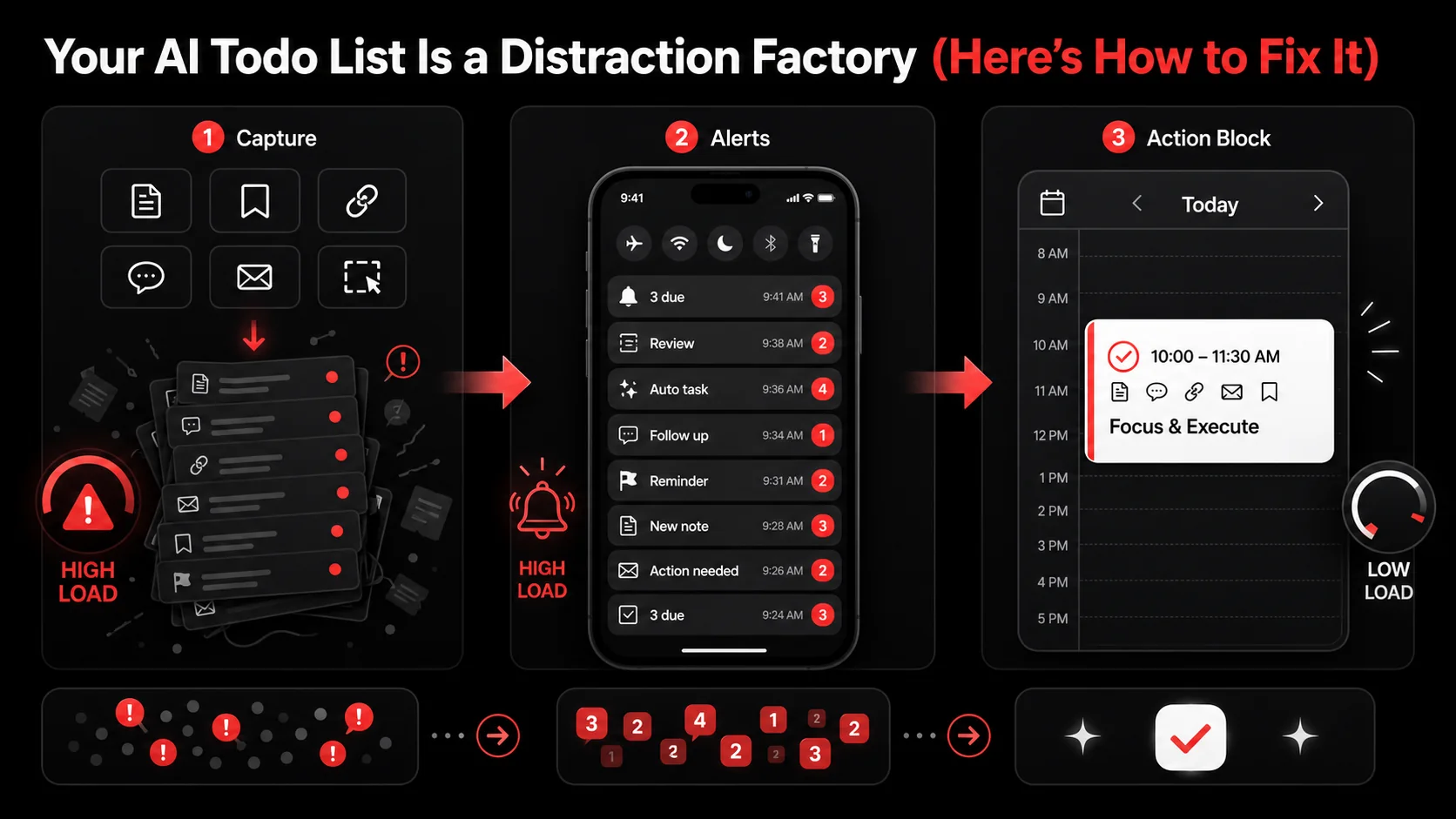 Screenshot of a smartphone notification center completely filled with alerts from productivity apps: 'Todoist: 3 tasks due', 'Things: Review AI suggestions', 'ClickUp: Automated task created'