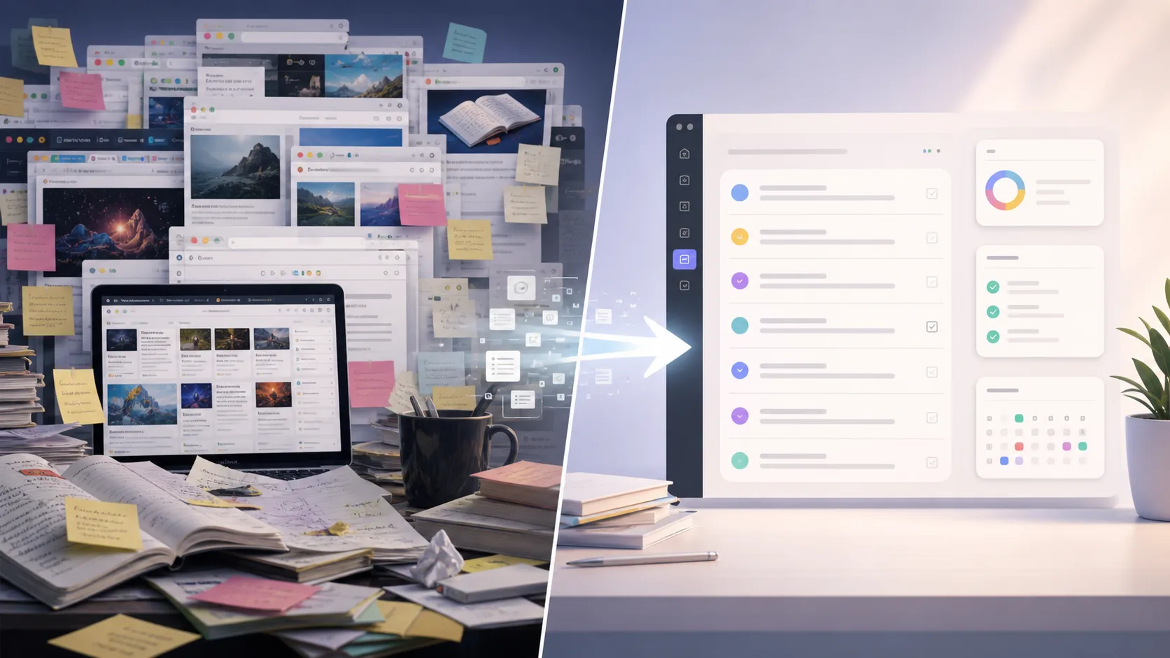 Chaotic saved articles and bookmarks transformed into a clean task capture workflow