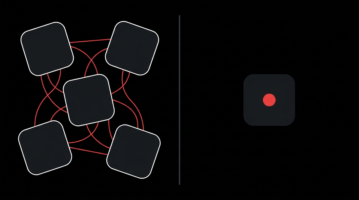 Split-frame illustration contrasting five chaotic app icons tangled with red lines on the left against one calm minimalist app icon with a single red dot on the right, on a black background