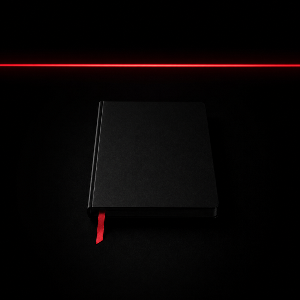 A matte-black notebook closed on a dark surface with a single red bookmark ribbon hanging out, lit by a thin red strip of light across the upper third