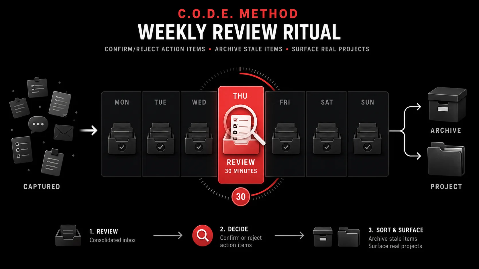 Editorial weekly calendar strip with seven day cells, six dimmed in charcoal and one highlighted in red with a magnifying glass icon, on a black background, representing a single weekly review block