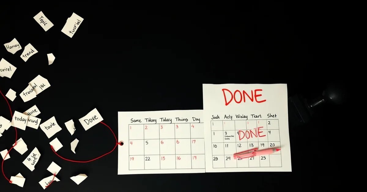 A pile of crumpled content ideas on a black desk, funneling through a red thread into a single neat calendar page with a red