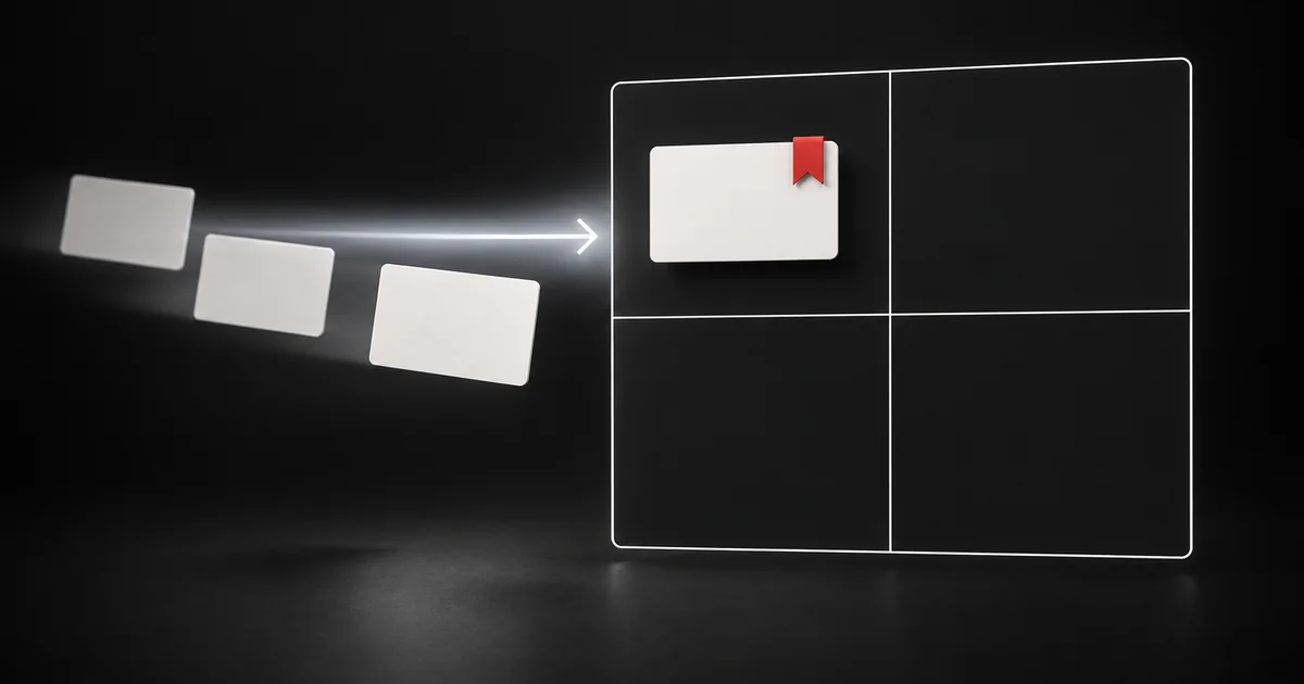 A two by two grid of four quadrants on a charcoal surface, with off-white task cards sorted into each square and one red marker on the top left card