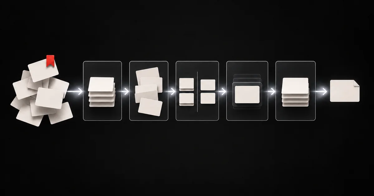Several content cards on a charcoal surface flow through five stages into one resolved task card, with a single red capture marker