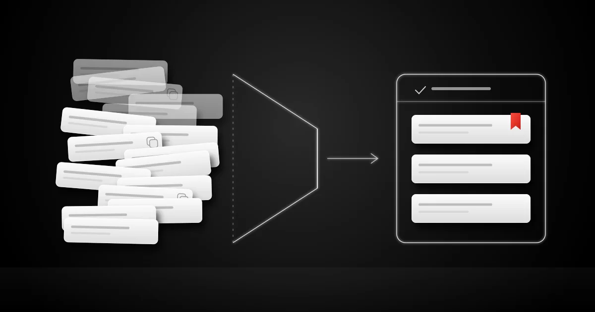 A messy stack of white bookmark cards with duplicate marks passes through a thin white funnel into a short list of three cards, one marked with a red ribbon, on a black background