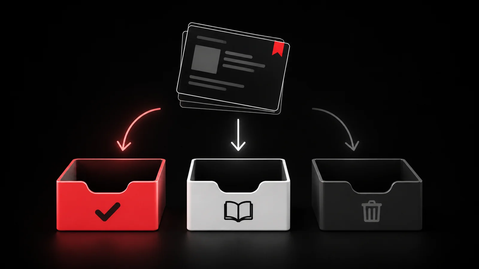 Saved-post cards moving into act, reference, and discard trays in Glean's coral-on-black identity