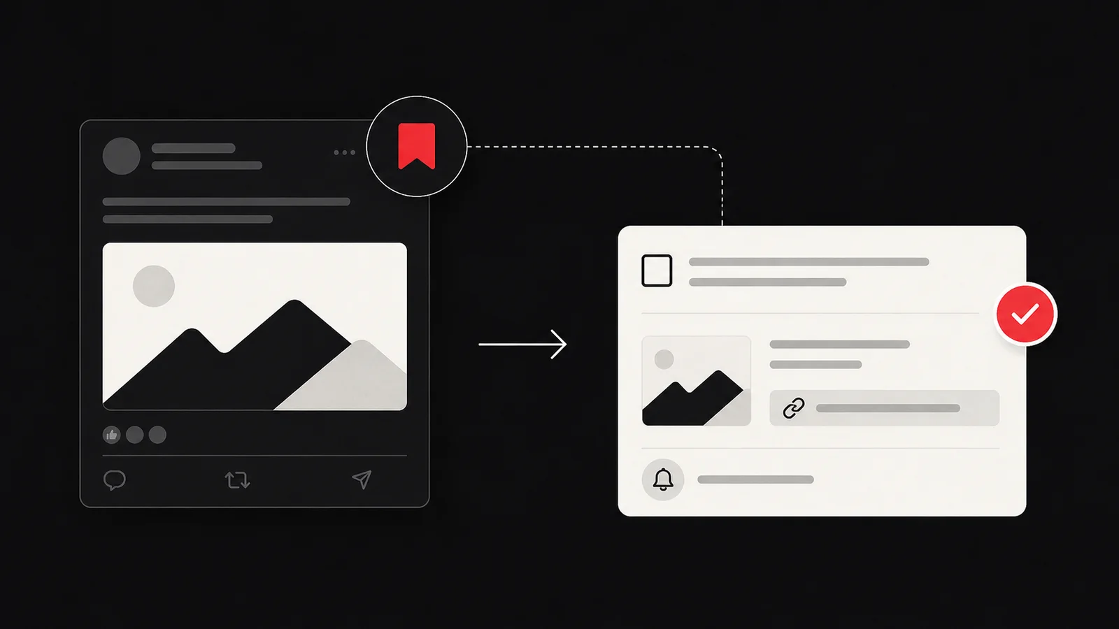 Glean black, off-white, and red workflow turning a saved professional post into a sourced task card
