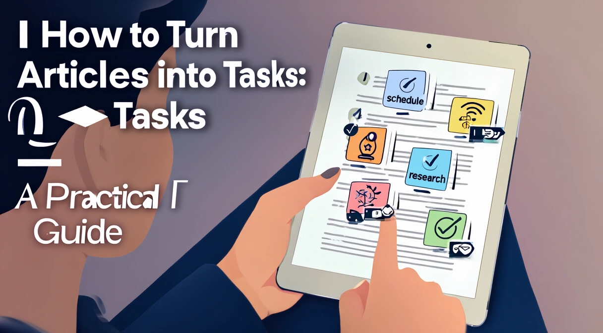 A person looking at a tablet screen where an article is being visually transformed into a checklist of tasks, with icons representing actions like 