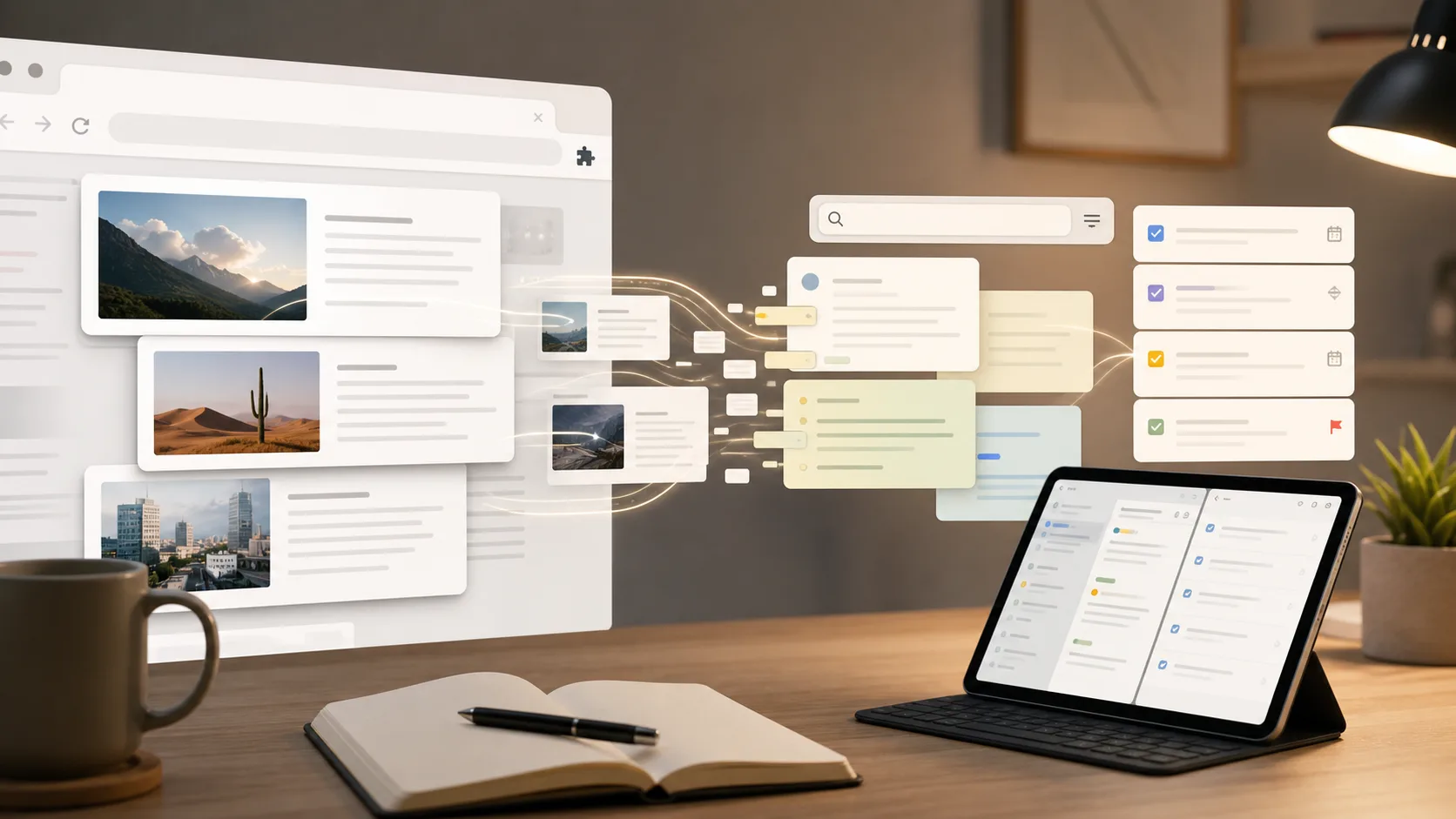 A person sitting at a desk with a laptop, surrounded by floating bookmarks and sticky notes, looking overwhelmed but organized