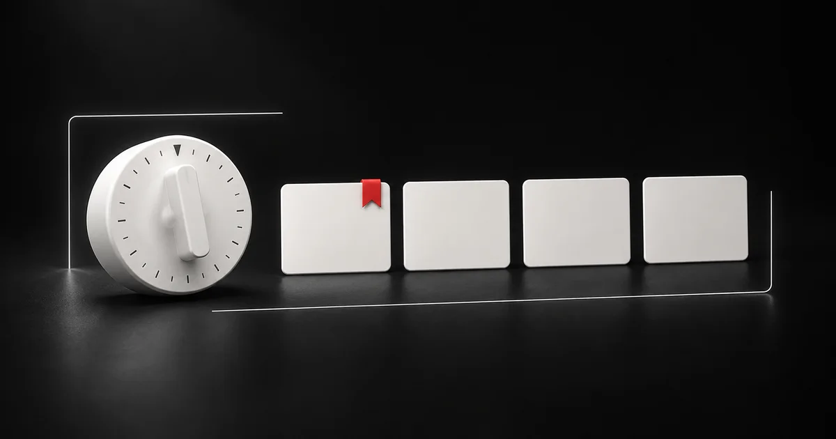 White kitchen timer beside four task cards on a black surface, the first card marked with a red tab