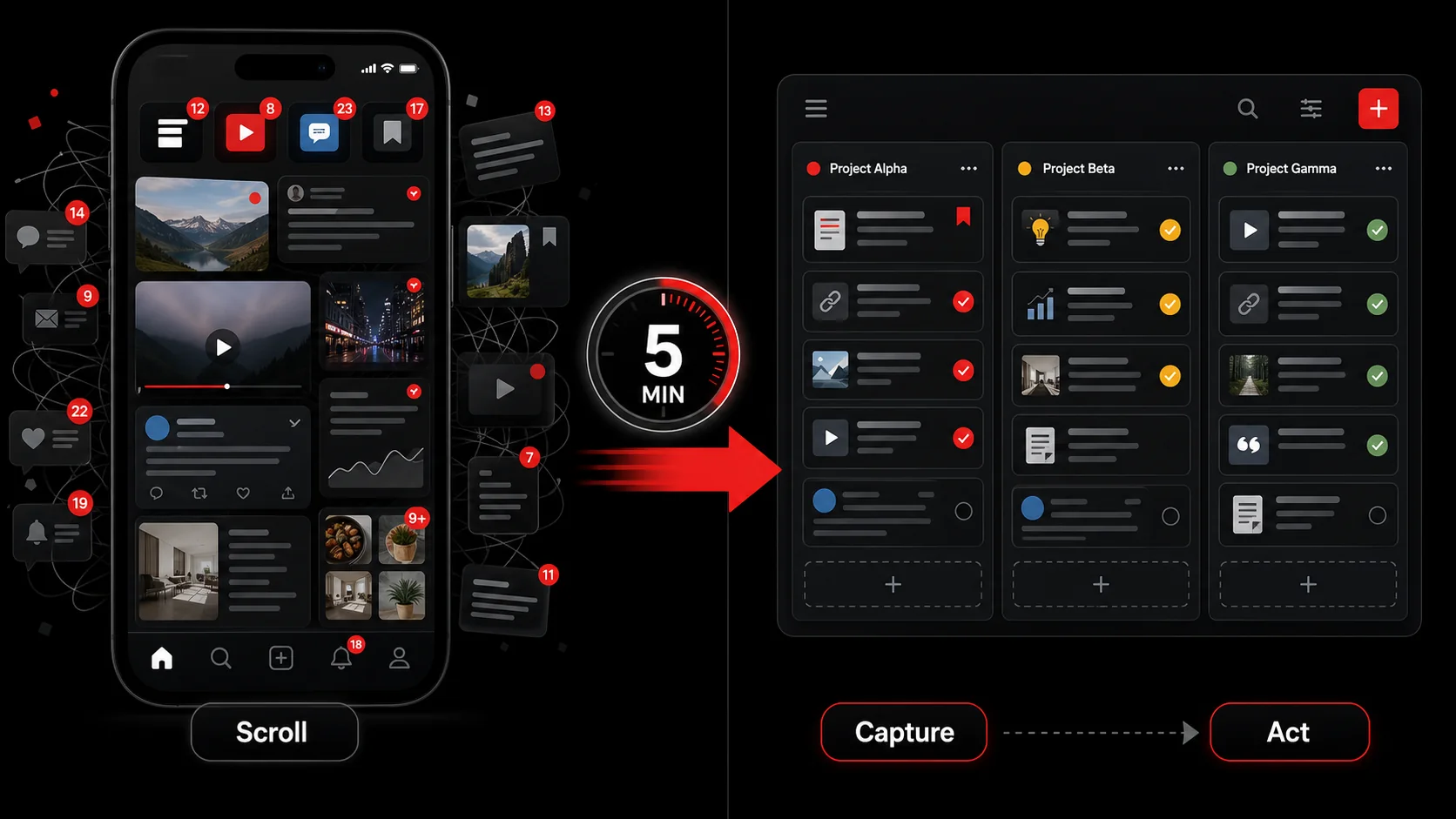 A split-screen comparison: left side shows a chaotic phone screen with many app notifications, right side shows a clean Glean interface with categorized captures.