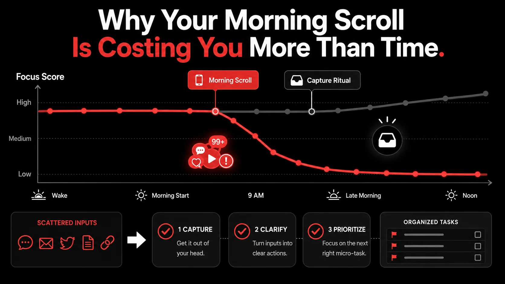 A graph chart showing a steep decline in focus levels throughout the morning, with a sharp drop labeled "After Morning Scroll".