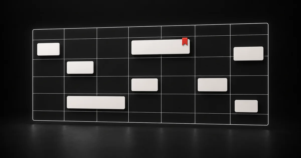 Weekly calendar grid in thin white lines holding white time blocks of different lengths, one block marked with a red tab