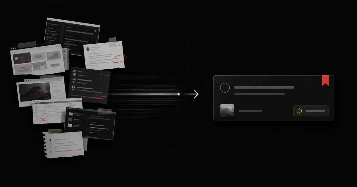 A messy group of screenshots becoming one clear task with its source and reminder attached