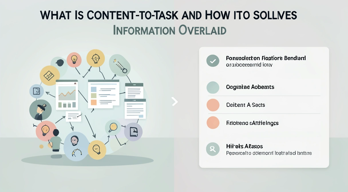 A person looking overwhelmed at a desk with multiple screens, one showing a cluttered 'read later' list, while another screen transforms articles into a clean, organized to-do list