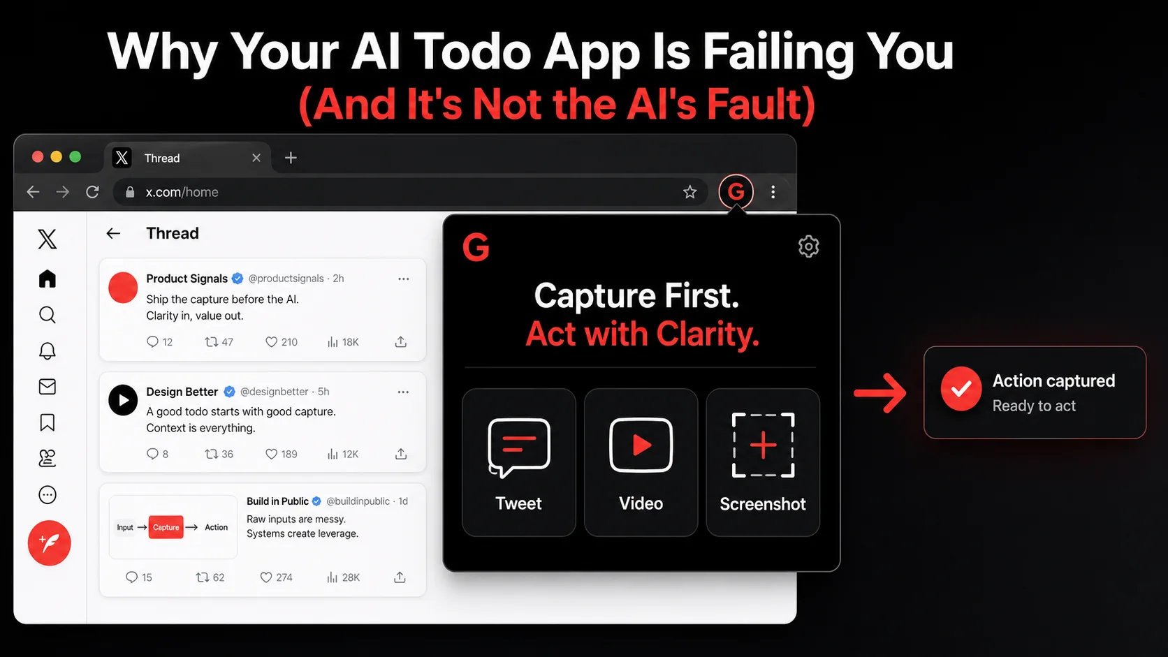 Screenshot of the Glean Chrome extension pop-up menu, showing options to 'Capture Tweet', 'Capture Video Timestamp', and 'Capture Screenshot' while hovering over a Twitter thread