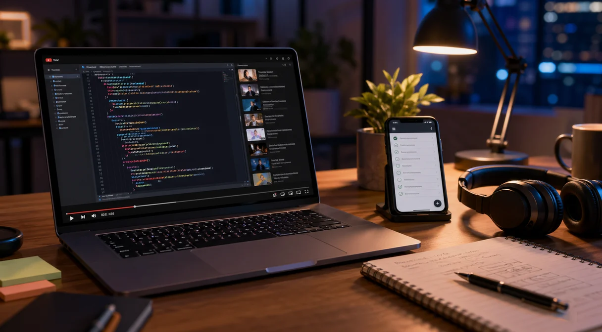 A developer's desk with a laptop showing a YouTube tutorial paused at a code snippet, with a phone displaying a task list beside it