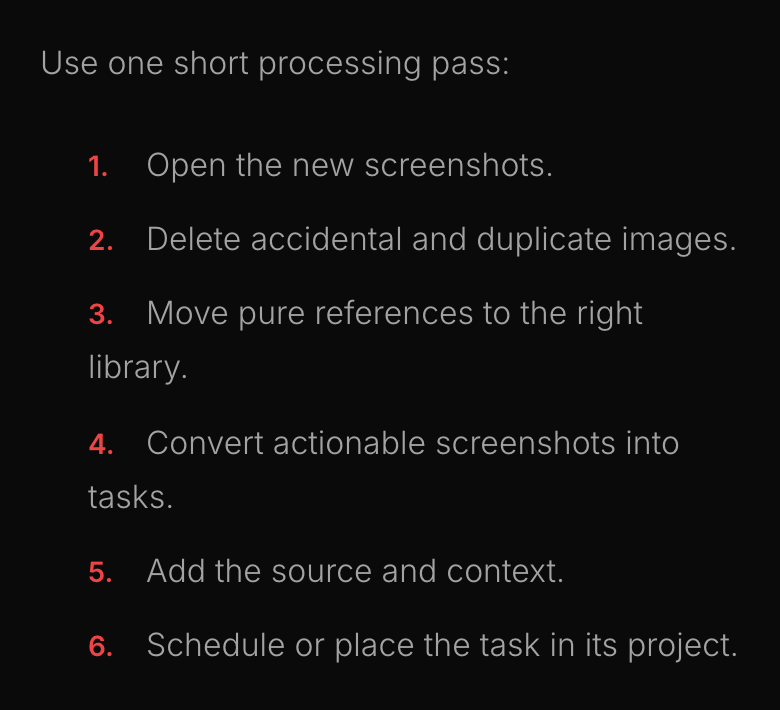 Phone screenshot of a six-step numbered review list in gray text with red numbers on a black background