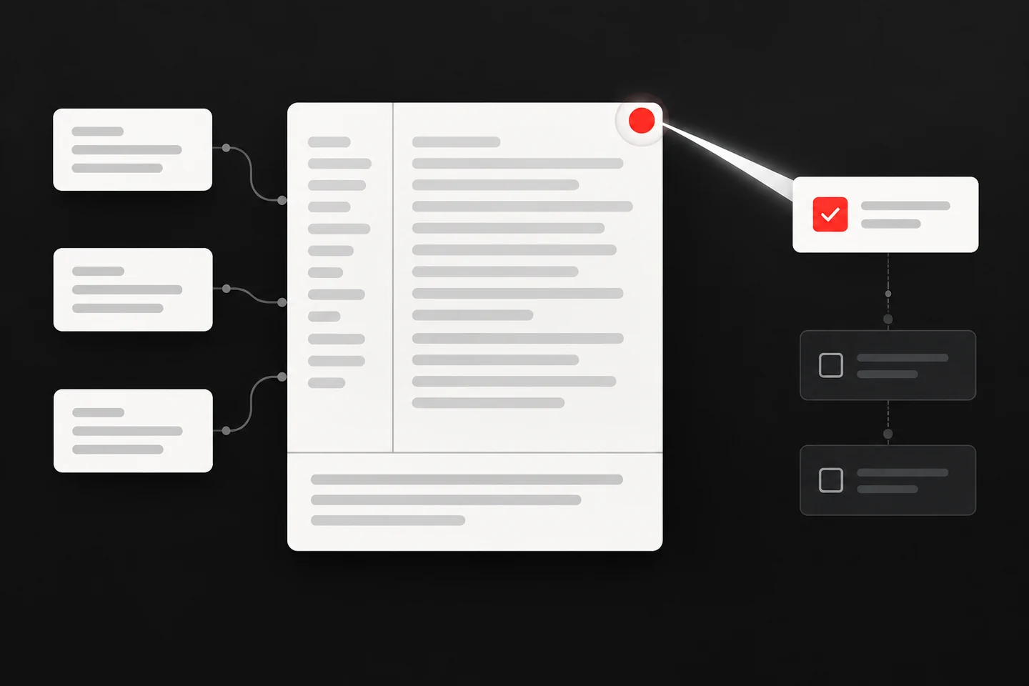 A notes card with cue, note and summary areas connects to a red-marked task card on black.